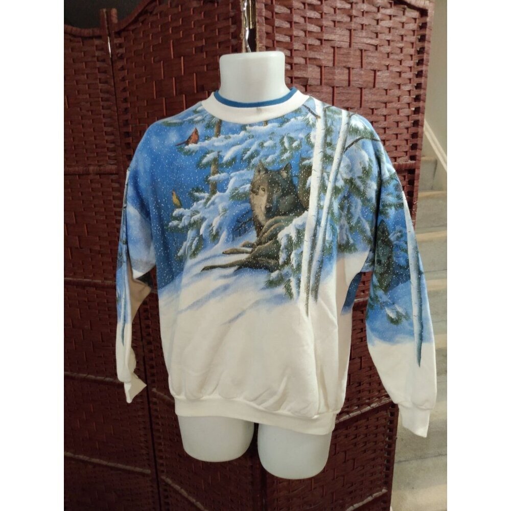 Vintage Women's All Over Wolf print Sweatshirt Snow Wolves Outdoors Large